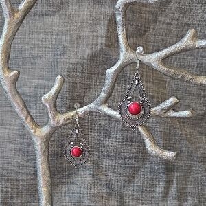 Elegant Silver and Red Beaded Earrings